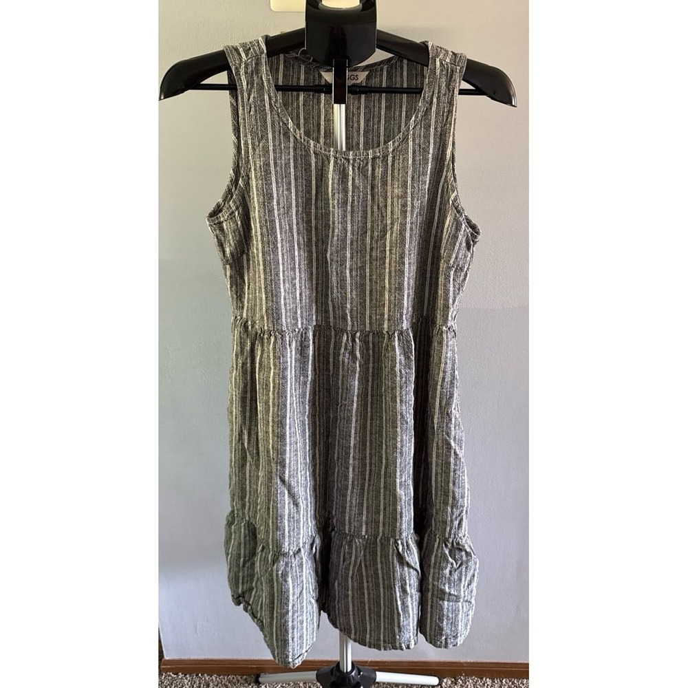 Briggs Women's Black White Stripped Tiered Linen Blend Sleeveless Dress Size M